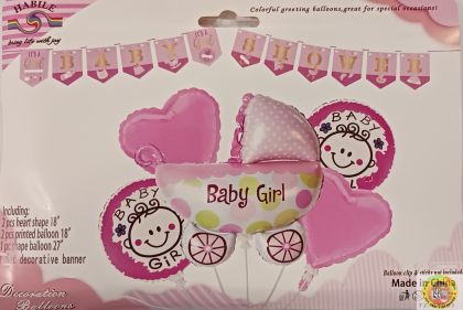 Комплект Балони фолио Baby Girl и банер Baby Shower (розово) /5 броя балони + 1банер