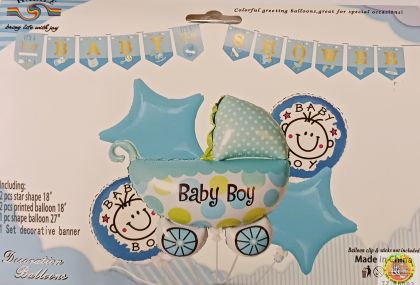 Комплект Балони фолио Baby Boy и банер Baby Shower (синьо) /5 броя балони + 1банер