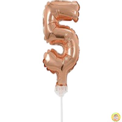 Фолиев балон, цифра 5, розово злато, с пръчка - 17см